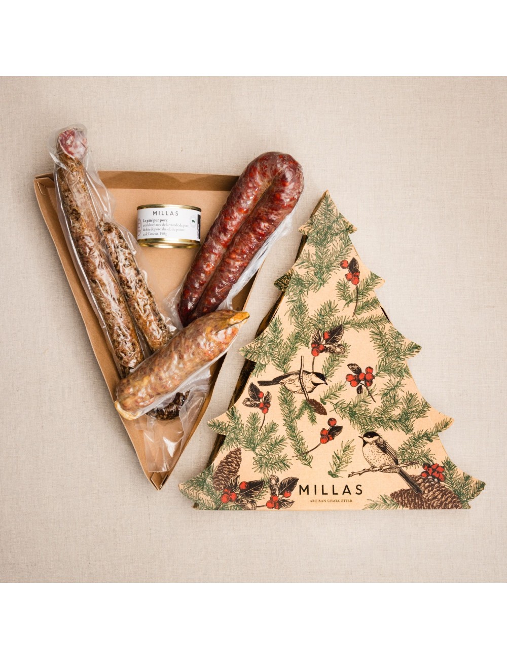 Coffret sapin de noël; coffret de charcuterie; charcuterie millas